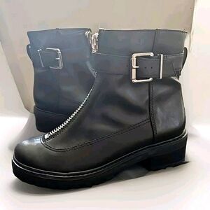 Schutz Leather Combat Booties Black with zipper and removable buckle size 7
